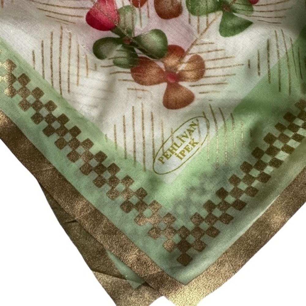 Turkish Silk Scarf 36x36 Floral Glossy Red, Green, Tan, Gold, White Lightweight